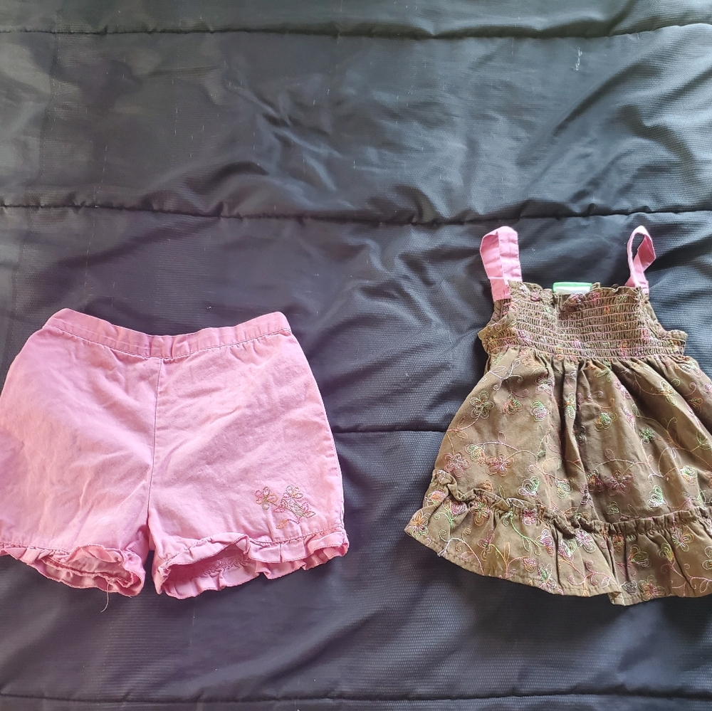 girl 4t brown tank with stitched design and pink shorts